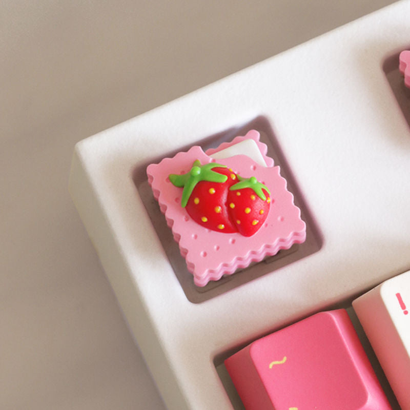 YMDK Strawberry Cookie Biscuit Keycaps 1pcs Pink Cute Resin Material Personalized Handmade Creativity Keycaps for MX Mechanical Keyboard