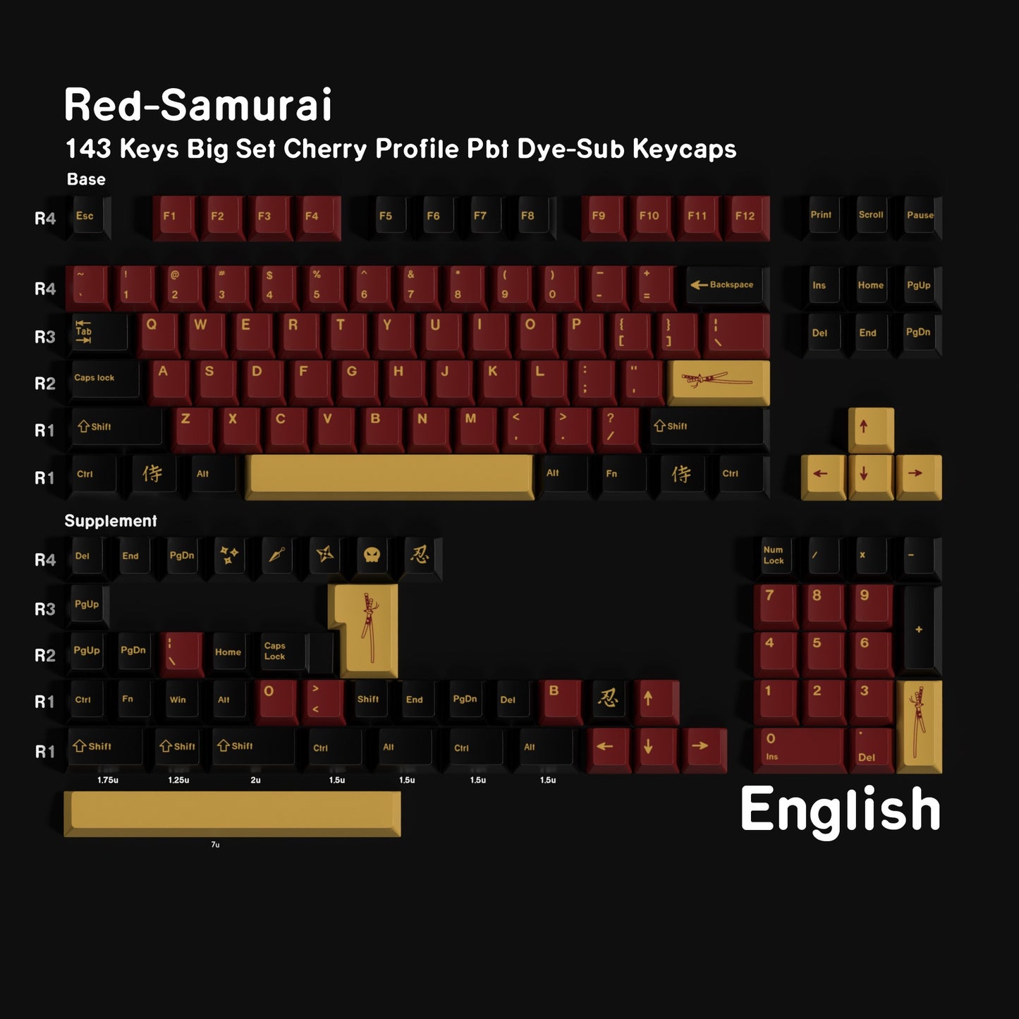YMDK 143 Keys Red-Samurai Cherry Profile Keycaps English Russian German Spanish French PBT Dye Sub Keycap For MX Mechanical Keyboards