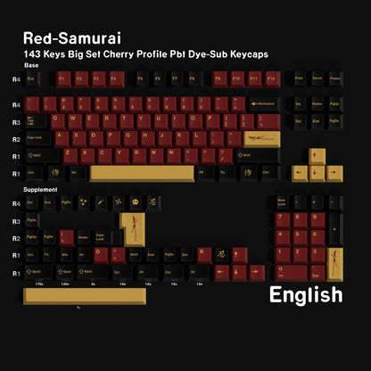 YMDK 143 Keys Red-Samurai Cherry Profile Keycaps English Russian German Spanish French PBT Dye Sub Keycap For MX Mechanical Keyboards