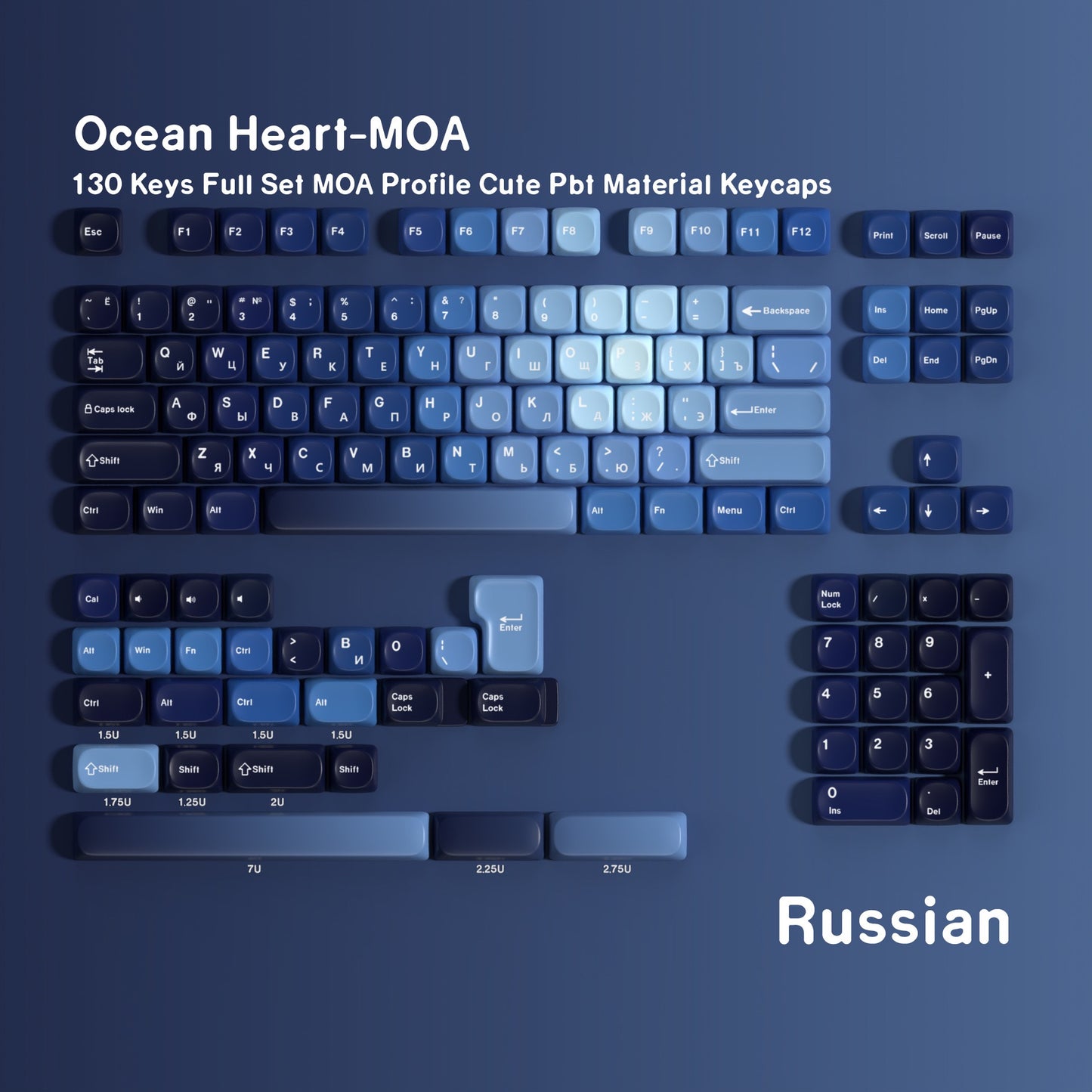 YMDK 130 Keys Ocean Heart Theme MOA Profile English Russian French German Spanish PBT Dye Sub Keycaps for MX Mechanical Keyboards