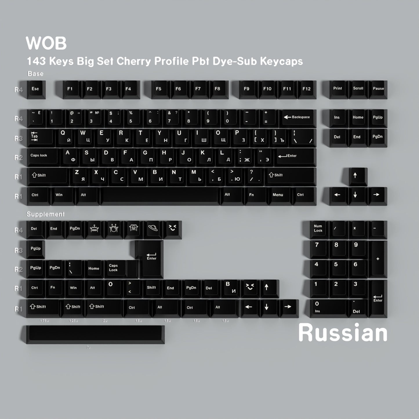 YDMK 143 Keys WOB Theme Keycaps English Russian German French Spanish Cherry Profile PBT Dye Sub Keycaps for MX Mechanical Keyboards
