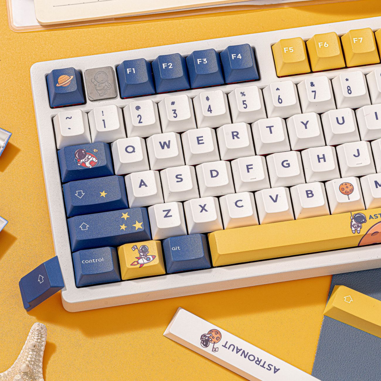 YMDK 130 Keys Astronaut Theme Keycaps PBT Cherry Profile 5 Sides Dye Sublimation Top Print Key cap Cute Custom Keycap for 61/64/68/84/87/96/104/108 MX Mechanical Keyboard
