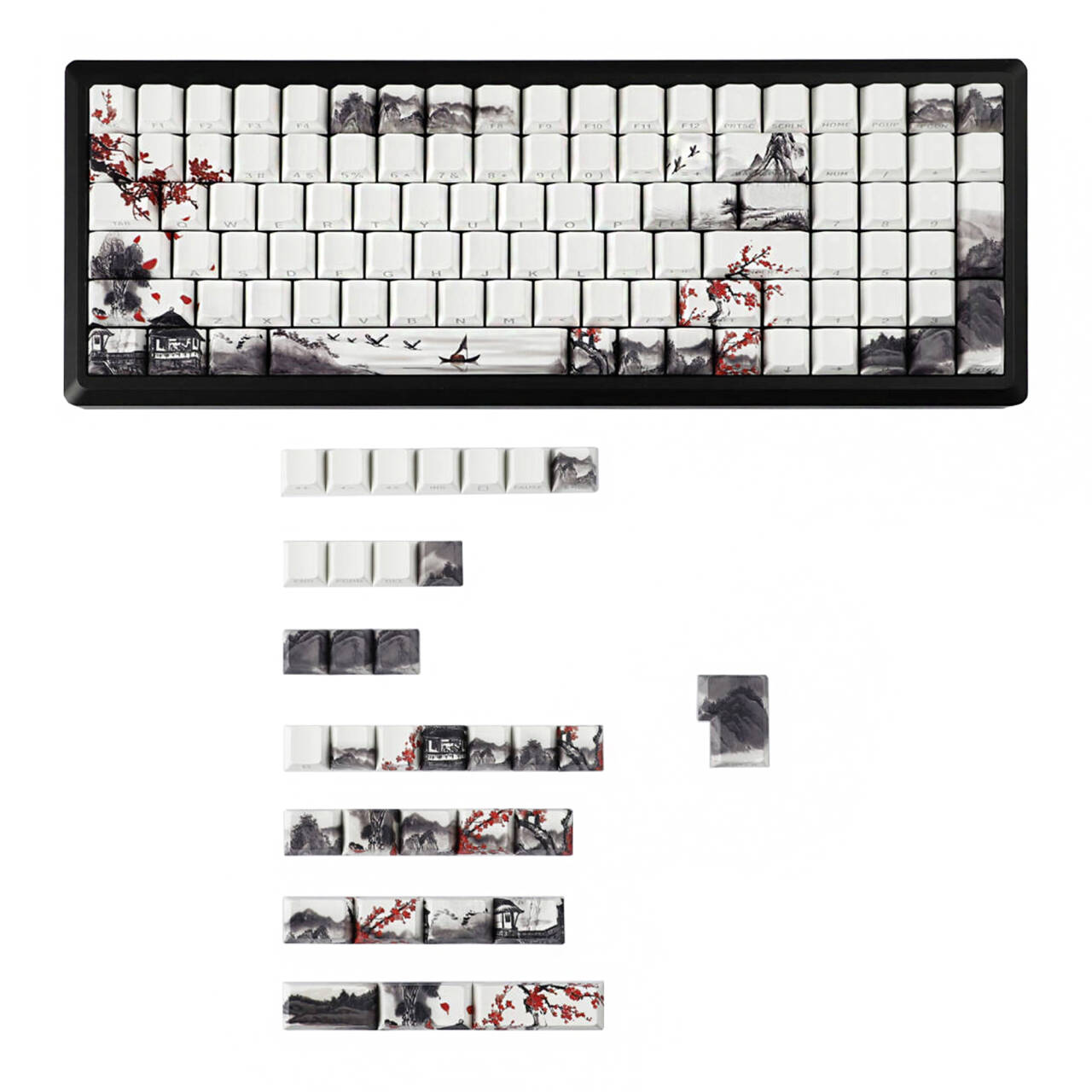 YMDK Plum Blossom Landscape Theme 135 Keys PBT Keycaps Dye Sub Custom Keycap Double Shot Side-lit Shine Through Cherry Profile for MX Mechanical Keyboard