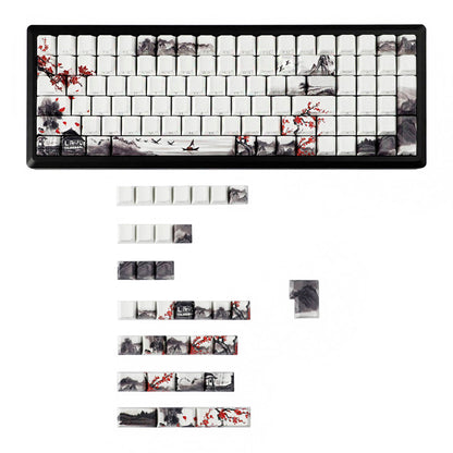 YMDK Plum Blossom Landscape Theme 135 Keys PBT Keycaps Dye Sub Custom Keycap Double Shot Side-lit Shine Through Cherry Profile for MX Mechanical Keyboard