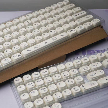 YMDK 124 Keys Milky White Cat Theme Keycap MOA Profile PBT Dye Sublimation Keycaps Top Print for 61/68/87/98/104/108 Layout MX Mechanical Keyboards