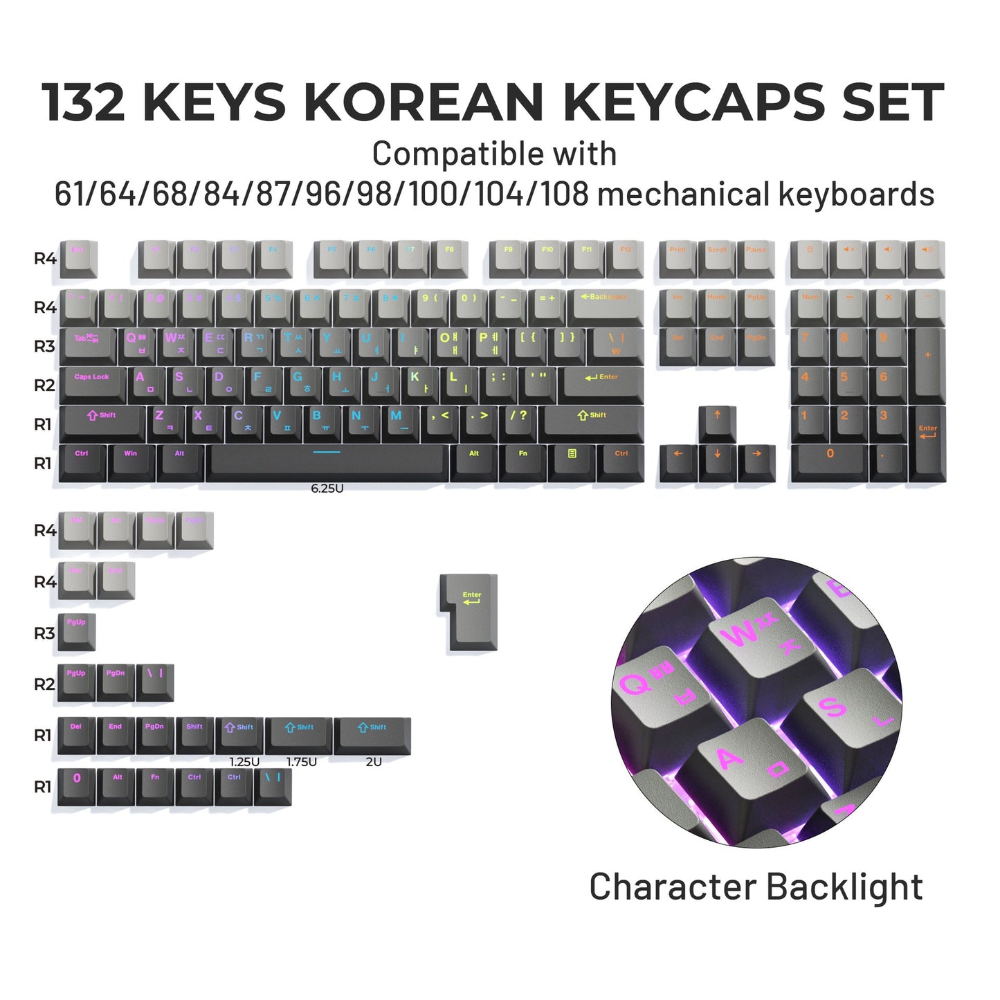 YMDK Korean 132-key Keycaps Backlit Ink Shadow Style Design, Cherry Profile PBT Double Shot for 68/75/87/98/104/108 Mechanical Keyboards