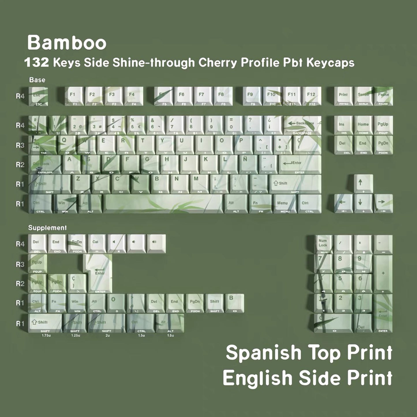 YMDK Bamboo Forest 132 keys Cherry Profile PBT Dye Sub Sidelit Keycaps Japanese, German, French, Spanish, and Russian for 61/84/87/104/108 MX Mechanical Keyboard
