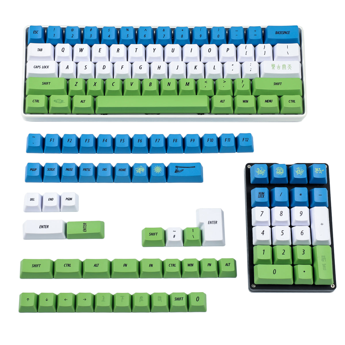 132 Custom Pan Gu Green Blue White Keycaps(Dye Sub OEM Profile/104 87 61 96 75 GK64 68 Using)